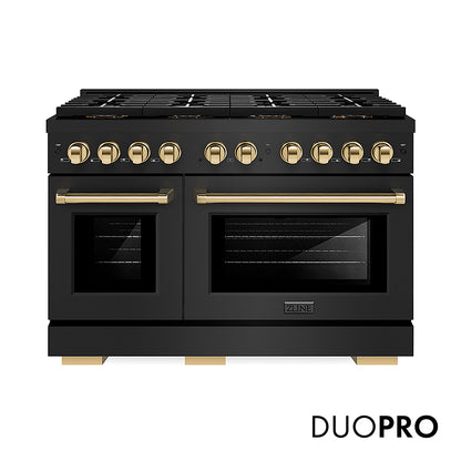 ZLINE Autograph Edition 48 in. 6.7 cu. ft. Paramount Gas Range with 8 Burner DuoPro™ Cooktop and Dual Ovens in Black Stainless Steel and Polished Gold Accents, Open Box-Good Condition