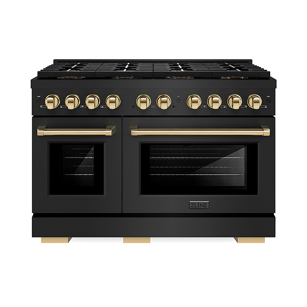 ZLINE Autograph Edition 48 in. 6.7 cu. ft. Paramount Gas Range with 8 Burner DuoPro™ Cooktop and Dual Ovens in Black Stainless Steel and Polished Gold Accents, Open Box-Good Condition