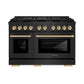 ZLINE Autograph Edition 48 in. 6.7 cu. ft. Paramount Gas Range with 8 Burner DuoPro™ Cooktop and Dual Ovens in Black Stainless Steel and Polished Gold Accents (PSGRBZ-48-G) front.