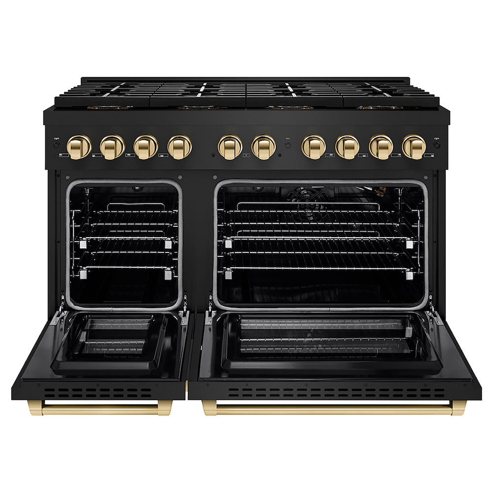 ZLINE Autograph Edition 48 in. 6.7 cu. ft. Paramount Gas Range with 8 Burner DuoPro™ Cooktop and Dual Ovens in Black Stainless Steel with Champagne Bronze Helix Handles and Accents (PSGRBZ-48-KCB) front, oven open.