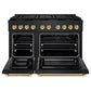 ZLINE Autograph Edition 48 in. 6.7 cu. ft. Paramount Gas Range with 8 Burner DuoPro™ Cooktop and Dual Ovens in Black Stainless Steel and Polished Gold Accents (PSGRBZ-48-G) front, oven open.