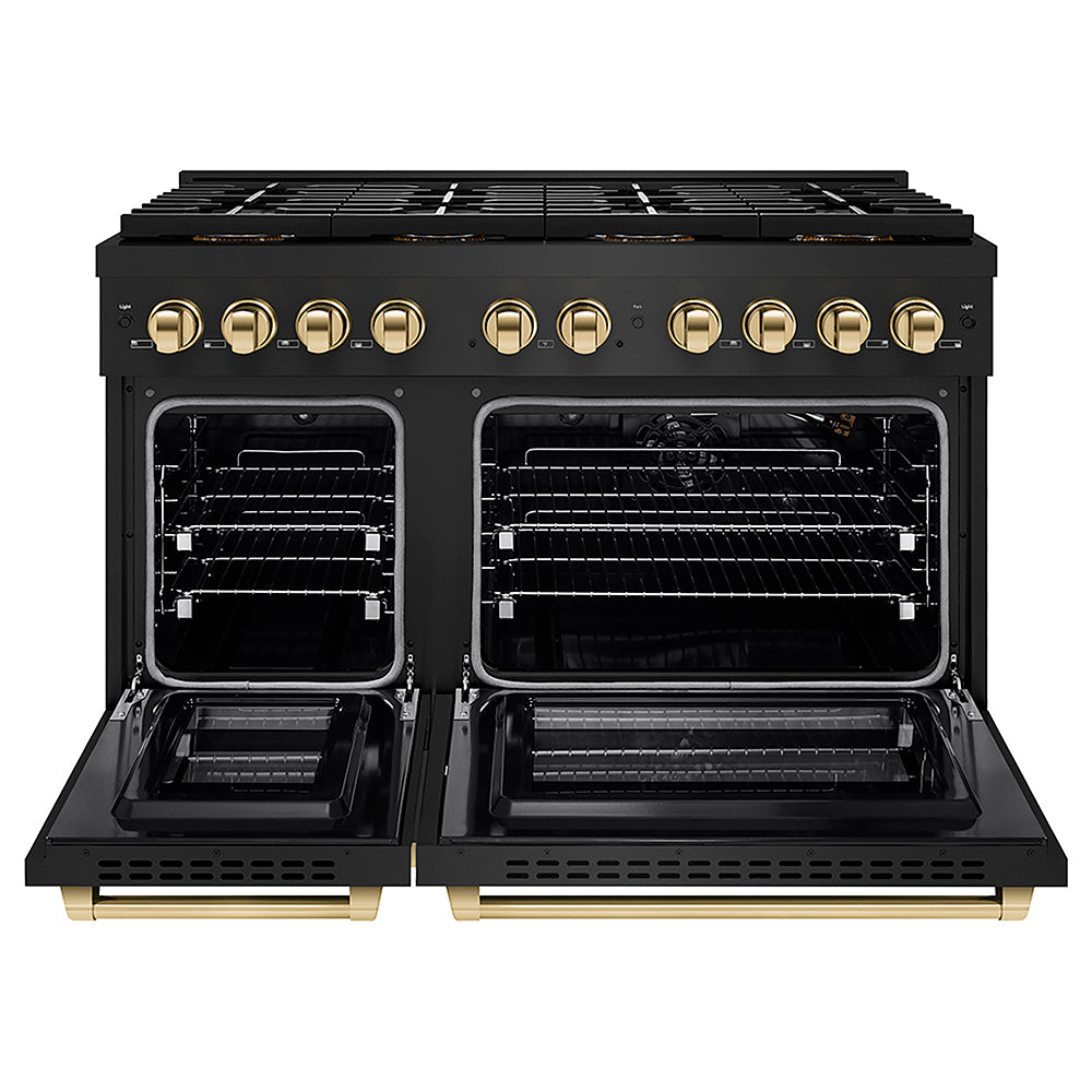 ZLINE Autograph Edition 48 in. 6.7 cu. ft. Paramount Gas Range with 8 Burner DuoPro™ Cooktop and Dual Ovens in Black Stainless Steel and Polished Gold Accents, Open Box-Good Condition