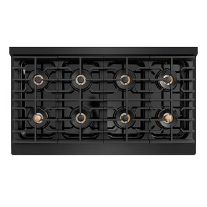ZLINE Autograph Edition 48 in. 6.7 cu. ft. Paramount Gas Range with 8 Burner DuoPro™ Cooktop and Dual Ovens in Black Stainless Steel with Champagne Bronze Helix Handles and Accents (PSGRBZ-48-KCB) top-down, above cooktop.