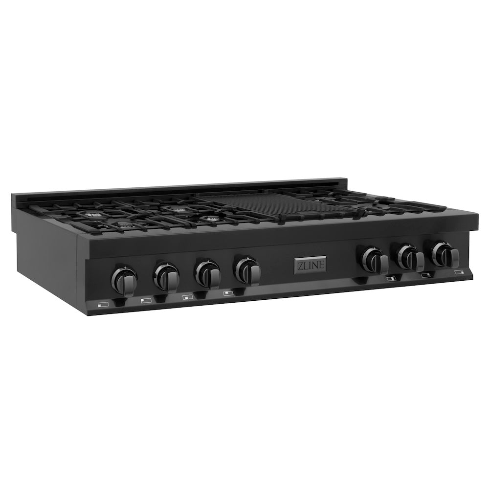 ZLINE 48 in. Porcelain Gas Stovetop in Black Stainless Steel with 7 Gas Brass Burners and Griddle (RTB-48)