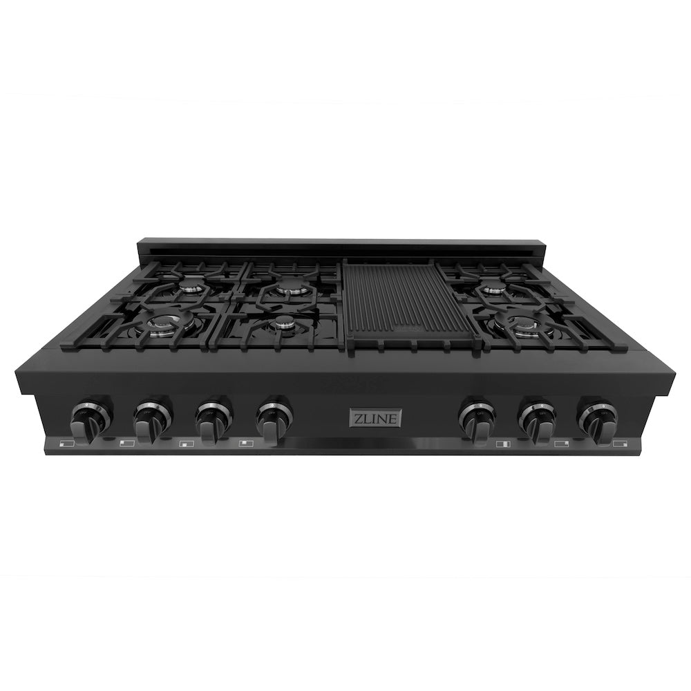 ZLINE 48 in. Porcelain Gas Stovetop in Black Stainless Steel with 7 Gas Brass Burners and Griddle (RTB-48) front, top.