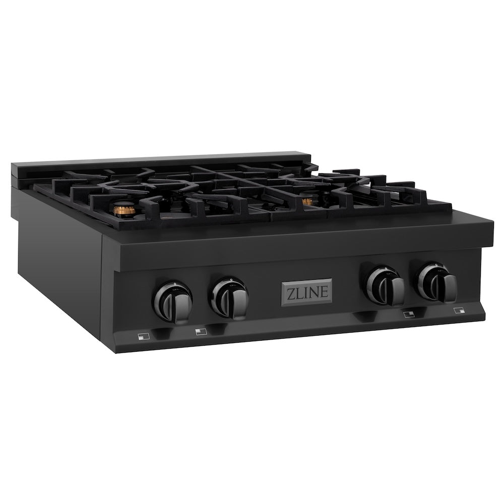 ZLINE 30 in. Porcelain Gas Stovetop in Black Stainless Steel with 4 Gas Brass Burners (RTB-BR-30) side, main.
