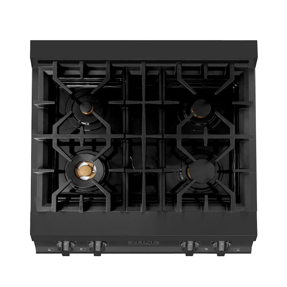 ZLINE 30 in. Porcelain Gas Stovetop in Black Stainless Steel with 4 Gas Brass Burners (RTB-BR-30) from above, showing cooking surface.