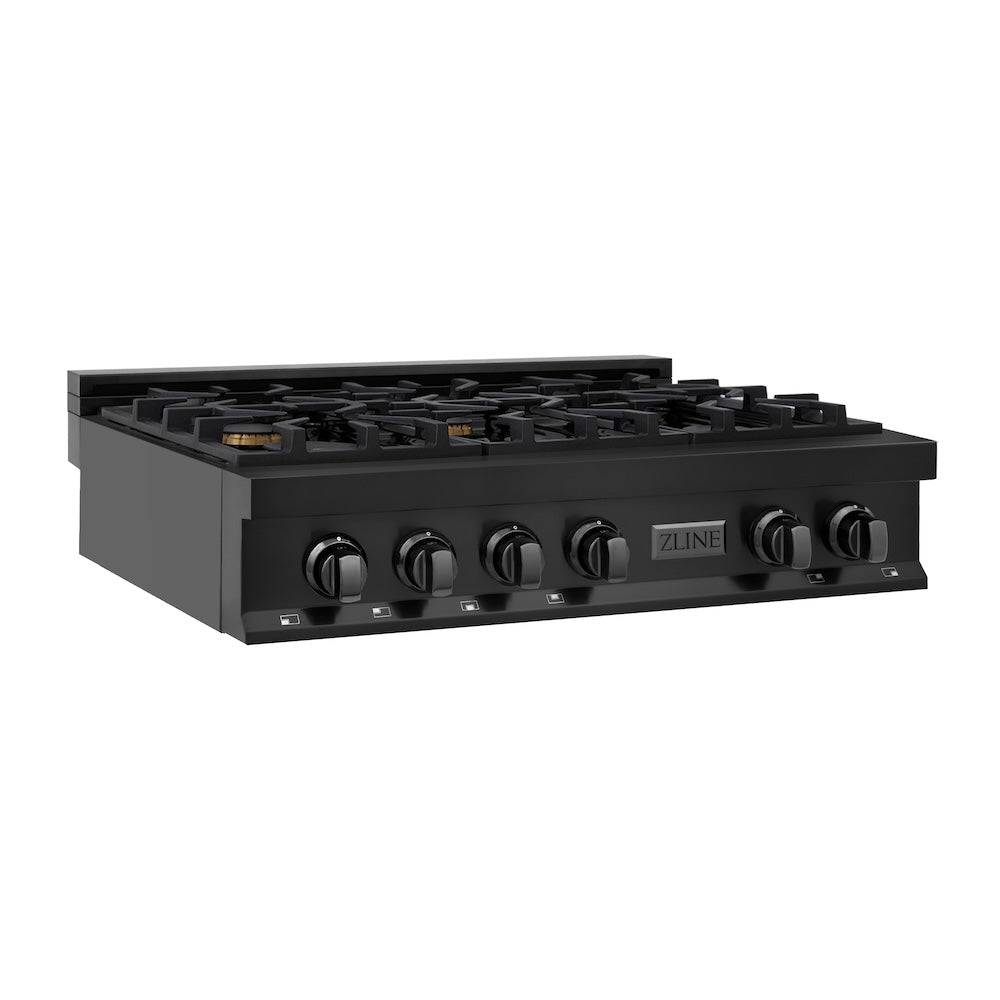 ZLINE 36 in. Porcelain Gas Stovetop in Black Stainless Steel with 6 Gas Brass Burners (RTB-BR-36)