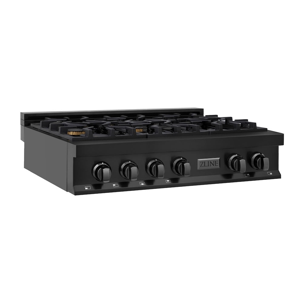 ZLINE 36 in. Legacy Gas Rangetop with 6 Brass Burners and Porcelain Cooktop in Black Stainless Steel, Open Box-Good Condition main image.