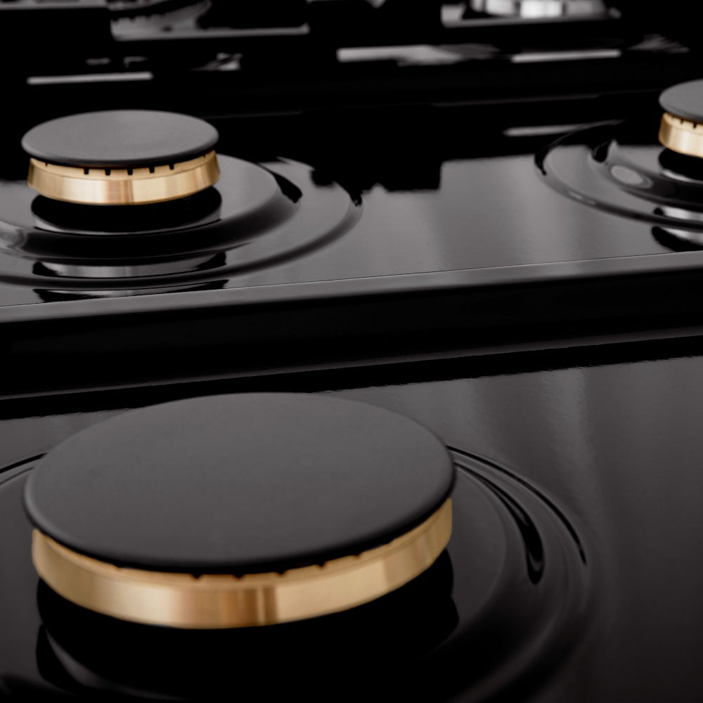 Brass burners and black porcelain finish cooktop
