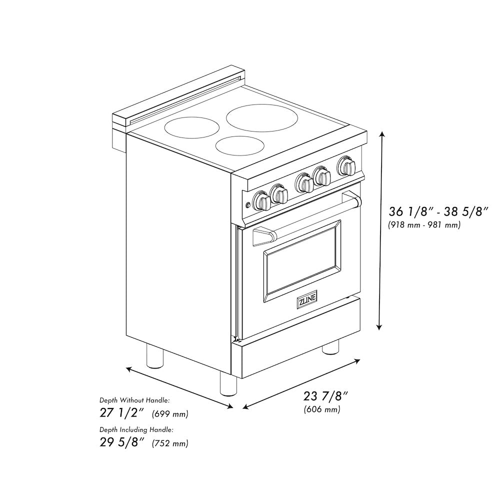 ZLINE 24 in. 2.8 cu. ft. Induction Range with a 4 Element Stove and Electric Oven in Black Stainless Steel (RAIND-BS-24) dimensional diagram with measurements.