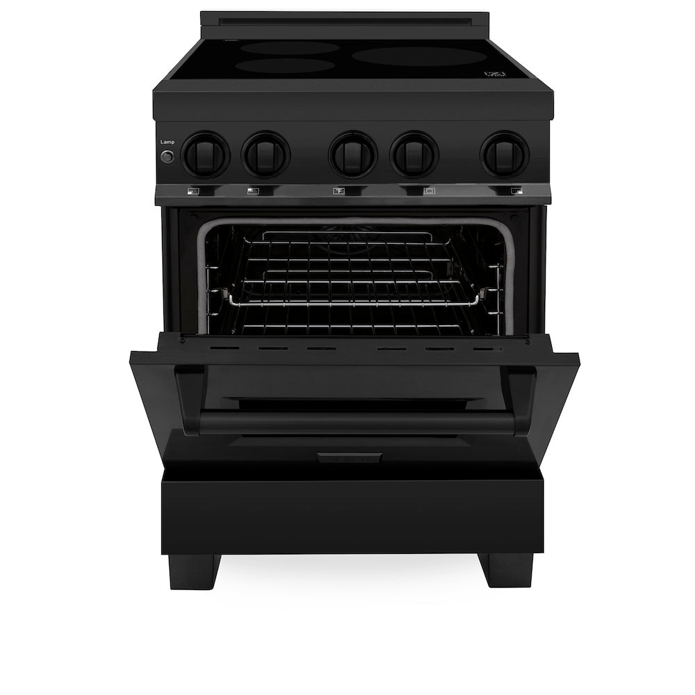 ZLINE 24 in. 2.8 cu. ft. Induction Range with a 4 Element Stove and Electric Oven in Black Stainless Steel (RAIND-BS-24) front, oven half open.