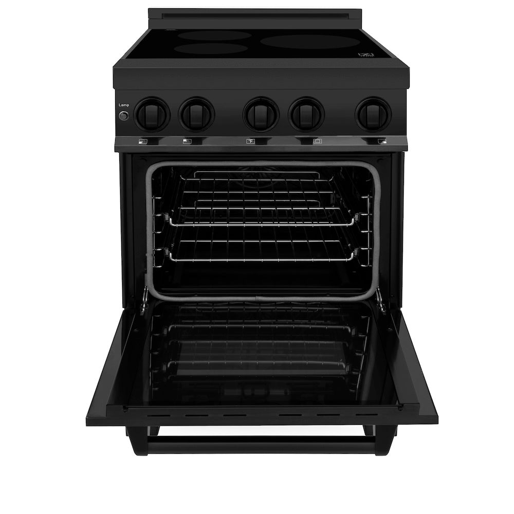 ZLINE 24 in. 2.8 cu. ft. Induction Range with a 4 Element Stove and Electric Oven in Black Stainless Steel (RAIND-BS-24) front, oven open.