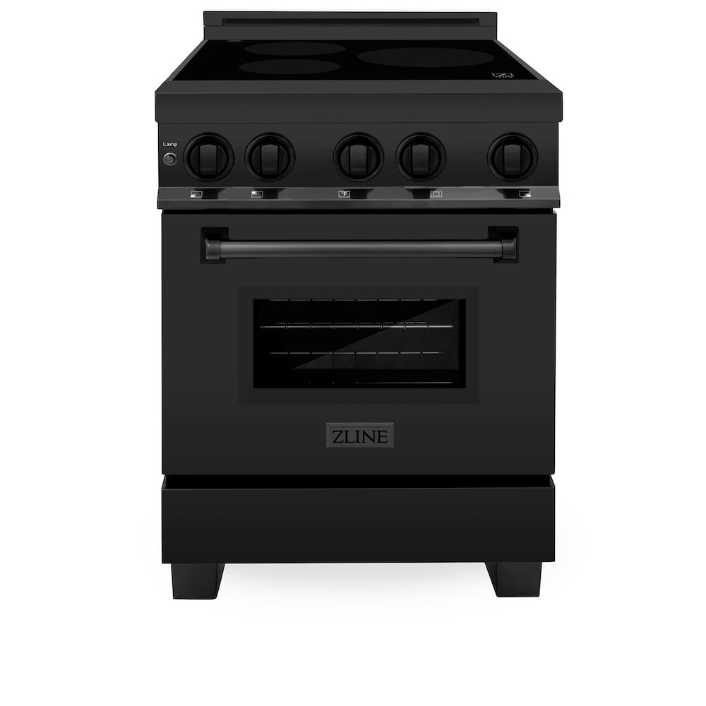 ZLINE 24 in. 2.8 cu. ft. Induction Range with a 4 Element Stove and Electric Oven in Black Stainless Steel (RAIND-BS-24) front, oven closed.