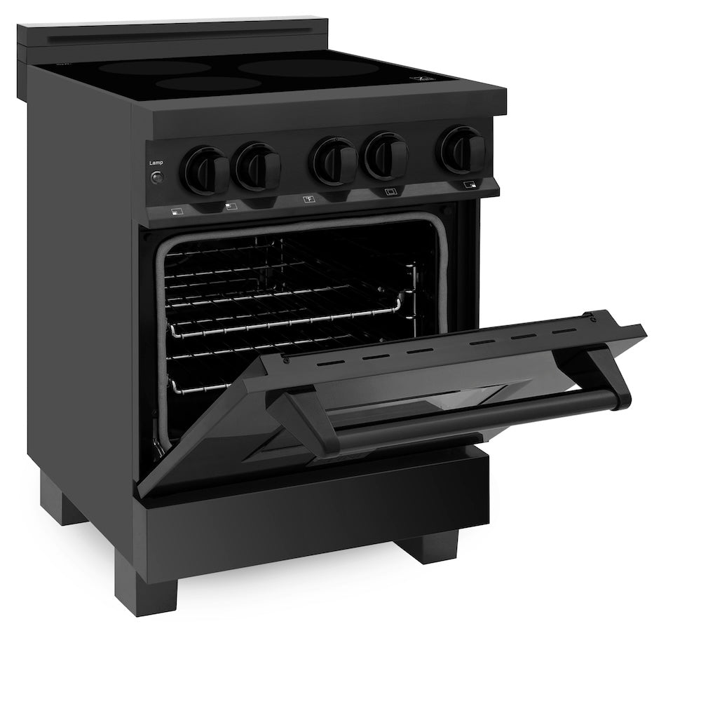 ZLINE 24 in. 2.8 cu. ft. Induction Range with a 4 Element Stove and Electric Oven in Black Stainless Steel (RAIND-BS-24) side, oven half open.