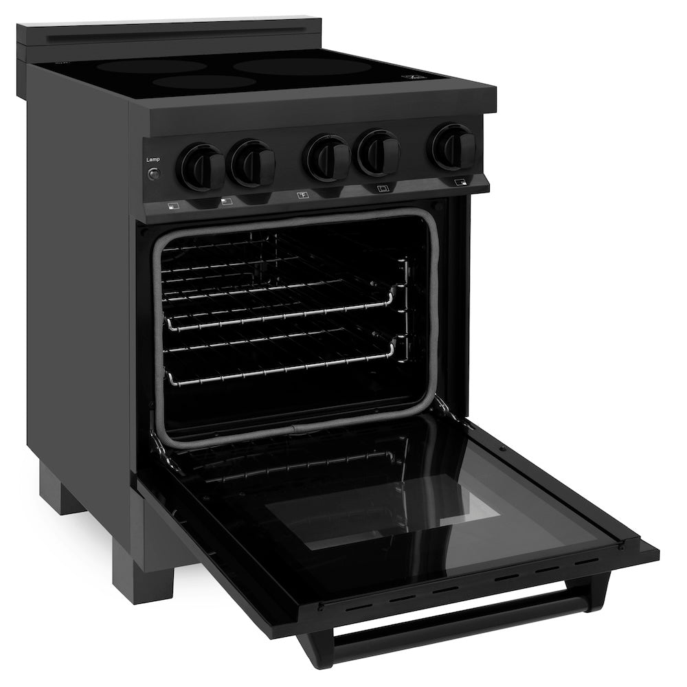 ZLINE 24 in. 2.8 cu. ft. Induction Range with a 4 Element Stove and Electric Oven in Black Stainless Steel (RAIND-BS-24) side, oven open.