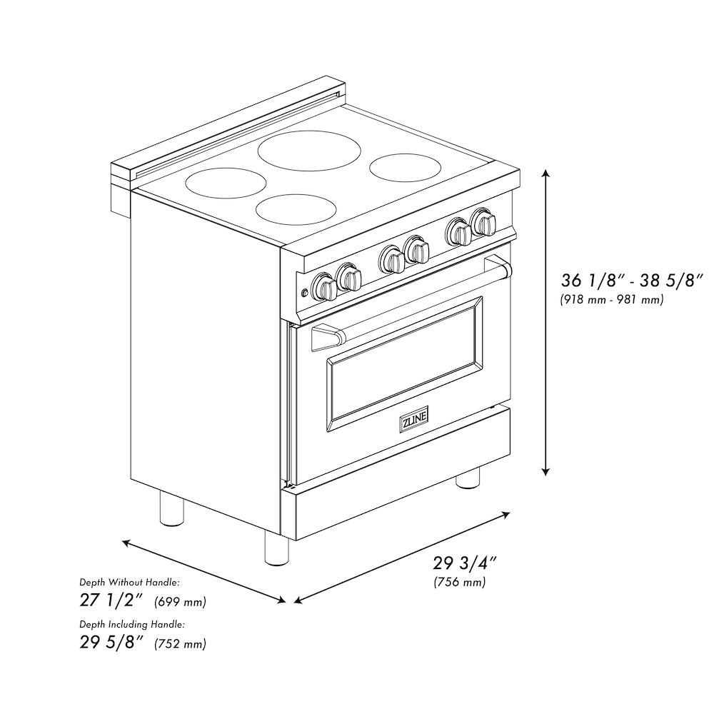 ZLINE 30 in. 4.0 cu. ft. Induction Range with a 4 Element Stove and Electric Oven in Black Stainless Steel (RAIND-BS-30) dimensional diagram with measurements.
