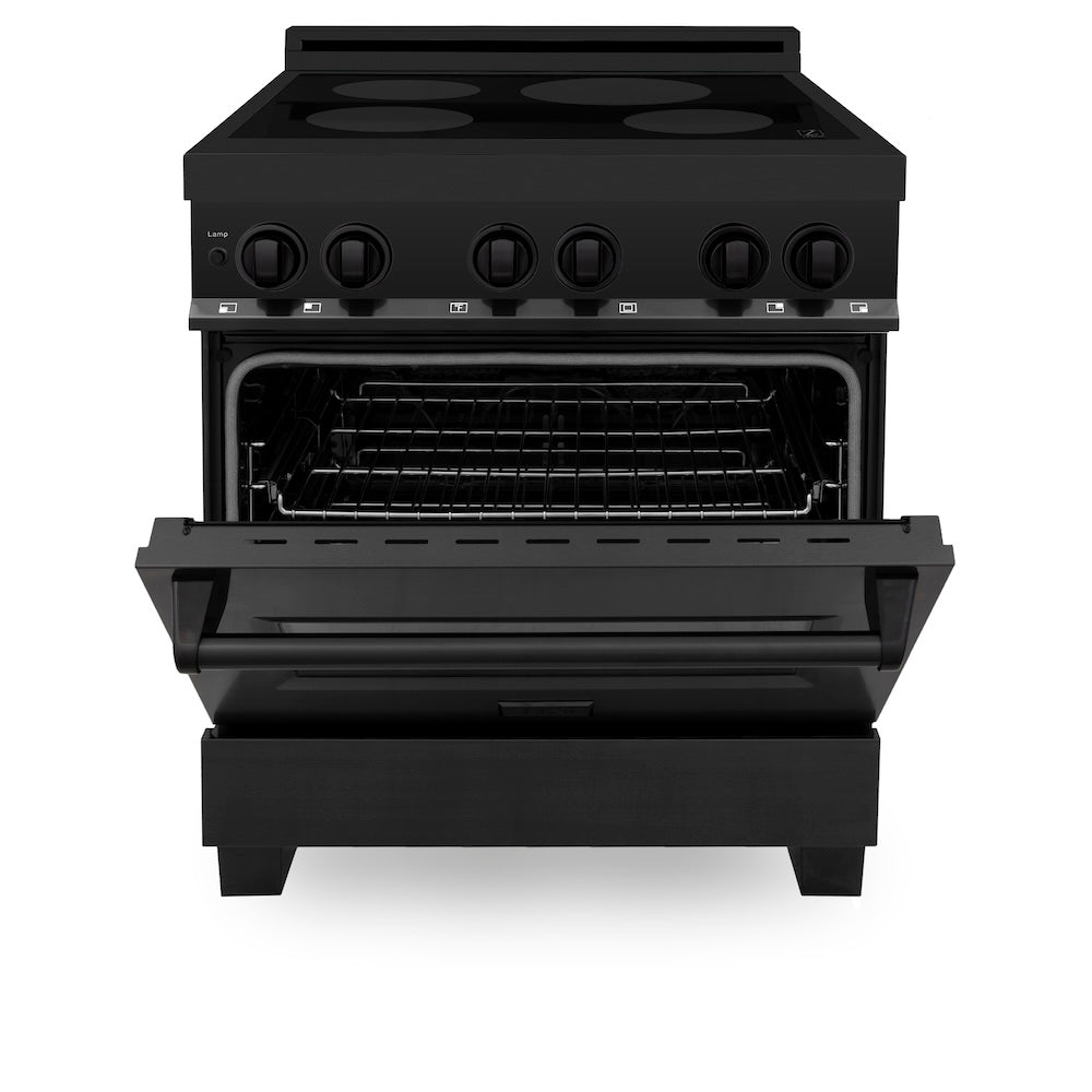 ZLINE 30 in. 4.0 cu. ft. Induction Range with a 4 Element Stove and Electric Oven in Black Stainless Steel (RAIND-BS-30) front, oven half open.