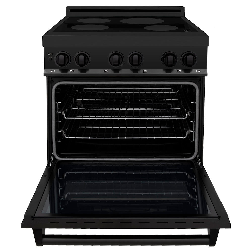 ZLINE 30 in. 4.0 cu. ft. Induction Range with a 4 Element Stove and Electric Oven in Black Stainless Steel (RAIND-BS-30) front, oven open.