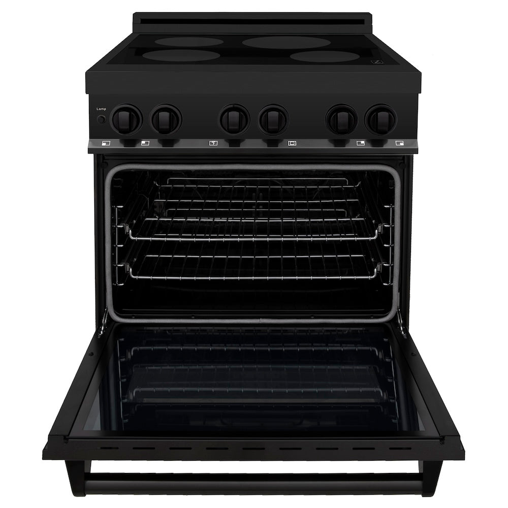 ZLINE 30 in. 4.0 cu. ft. Legacy Induction Range with 4 Element Cooktop and Electric Oven in Black Stainless Steel (RAIND-BS-30) front, oven open.