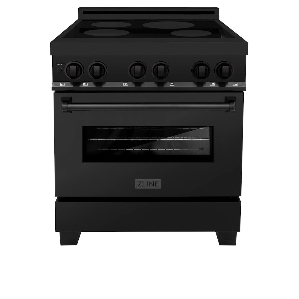 ZLINE 30 in. 4.0 cu. ft. Induction Range with a 4 Element Stove and Electric Oven in Black Stainless Steel (RAIND-BS-30) front, oven closed.