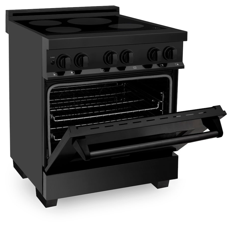 ZLINE 30 in. 4.0 cu. ft. Induction Range with a 4 Element Stove and Electric Oven in Black Stainless Steel (RAIND-BS-30) side, oven half open.