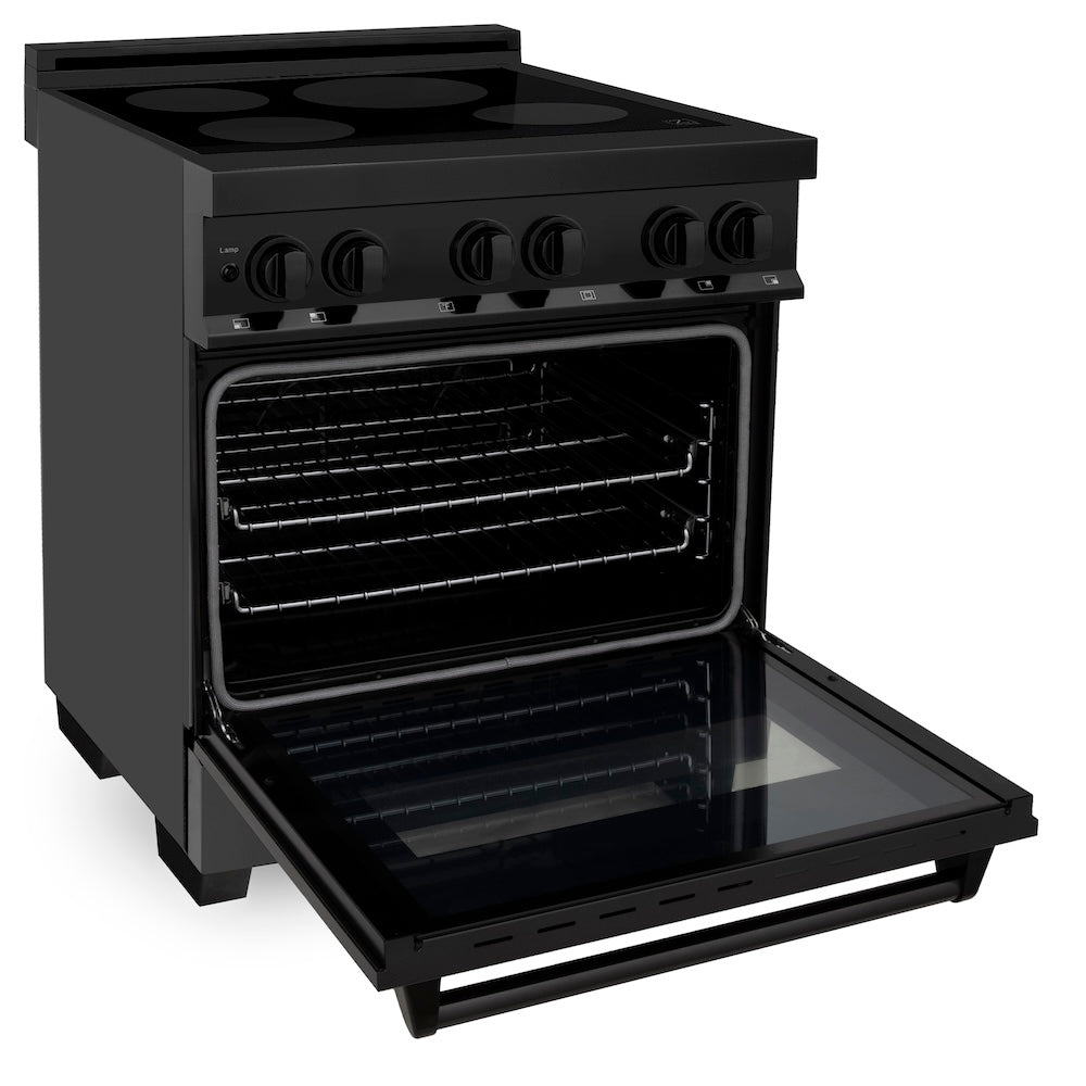 ZLINE 30 in. 4.0 cu. ft. Induction Range with a 4 Element Stove and Electric Oven in Black Stainless Steel (RAIND-BS-30) side, oven open.