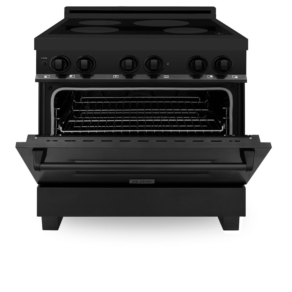 ZLINE 36 in. 4.6 cu. ft. Induction Range with a 5 Element Stove and Electric Oven in Black Stainless Steel (RAIND-BS-36) front, oven half open.