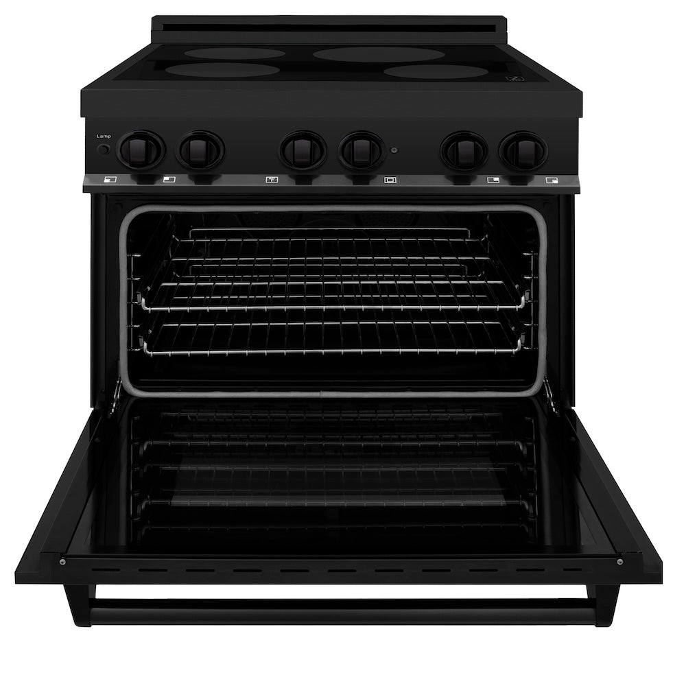 ZLINE 36 in. 4.6 cu. ft. Induction Range with a 5 Element Stove and Electric Oven in Black Stainless Steel (RAIND-BS-36) front, oven open.