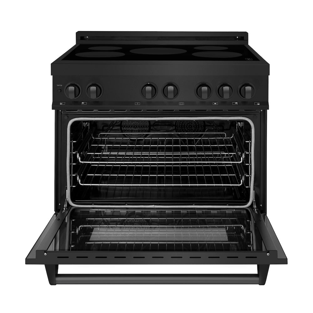 ZLINE 36 in. 4.6 cu. ft. Legacy Induction Range with 5 Element Cooktop and Electric Oven in Black Stainless Steel (RAIND-BS-36) front, oven open.