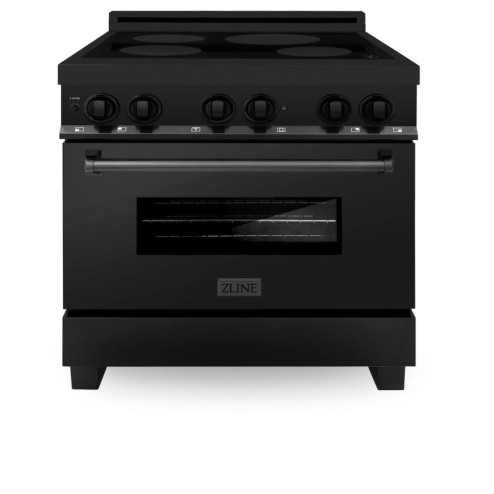 ZLINE 36 in. 4.6 cu. ft. Induction Range with a 5 Element Stove and Electric Oven in Black Stainless Steel (RAIND-BS-36) front, oven closed.