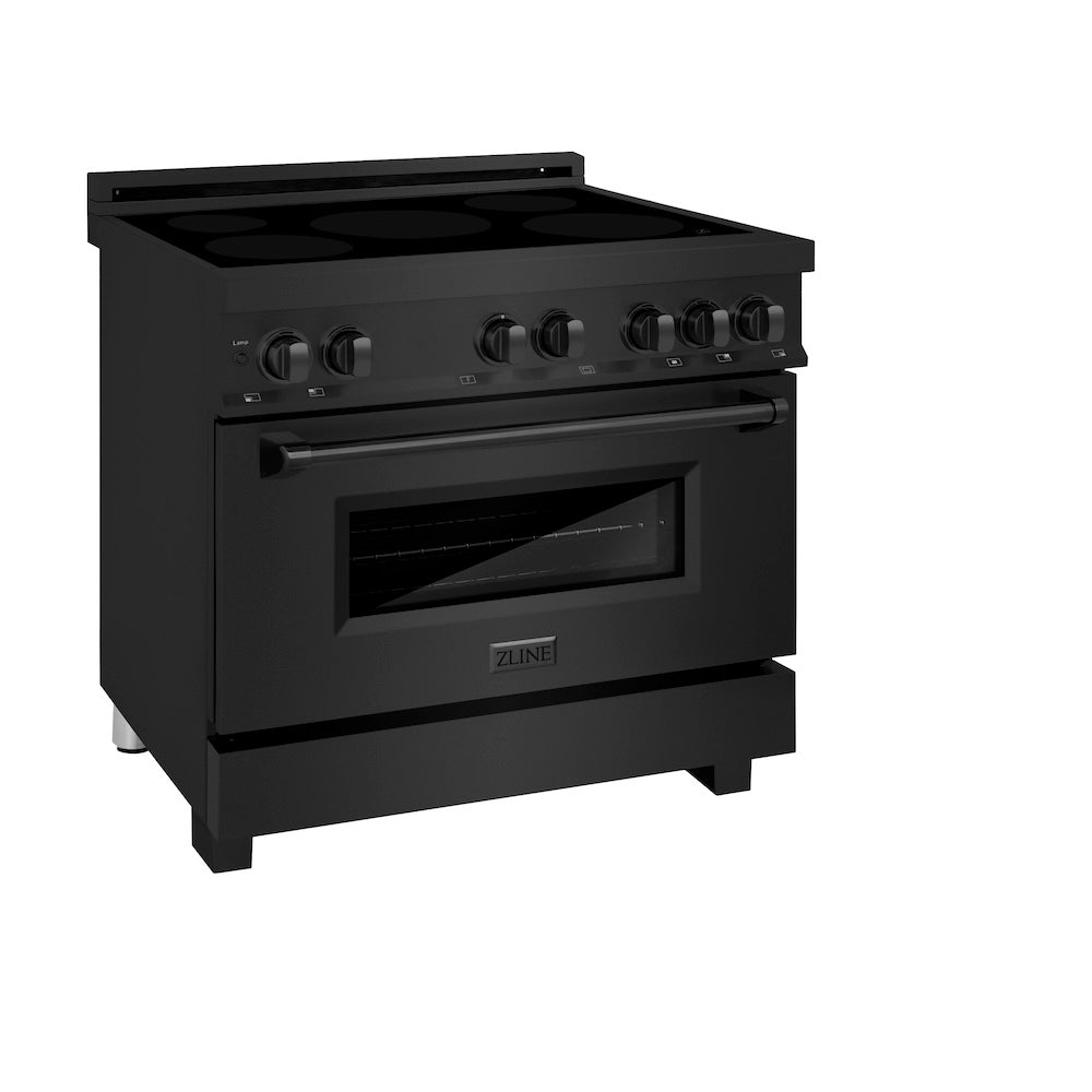 ZLINE 36 in. 4.6 cu. ft. Legacy Induction Range with 5 Element Cooktop and Electric Oven in Black Stainless Steel (RAIND-BS-36) side, oven closed.