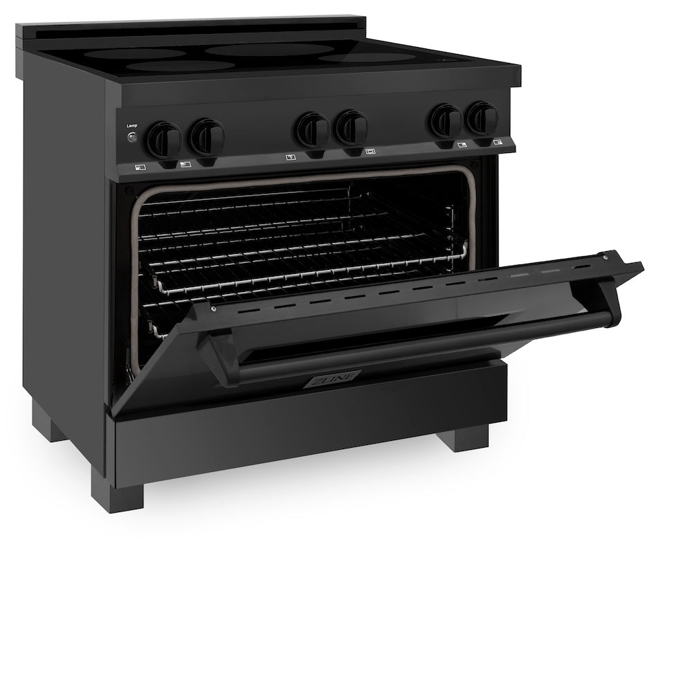 ZLINE 36 in. 4.6 cu. ft. Induction Range with a 5 Element Stove and Electric Oven in Black Stainless Steel (RAIND-BS-36) side, oven half open.