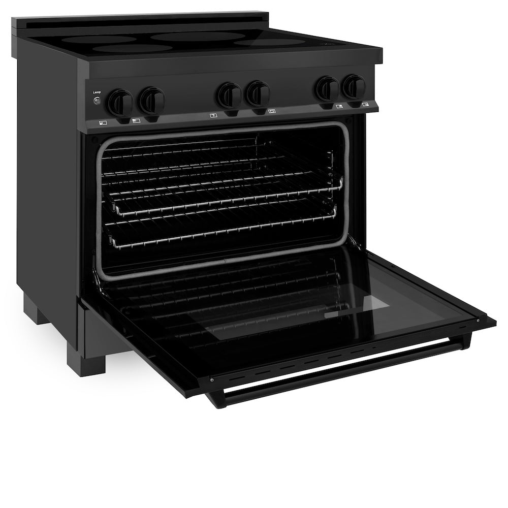 ZLINE 36 in. 4.6 cu. ft. Induction Range with a 5 Element Stove and Electric Oven in Black Stainless Steel (RAIND-BS-36) side, oven open.