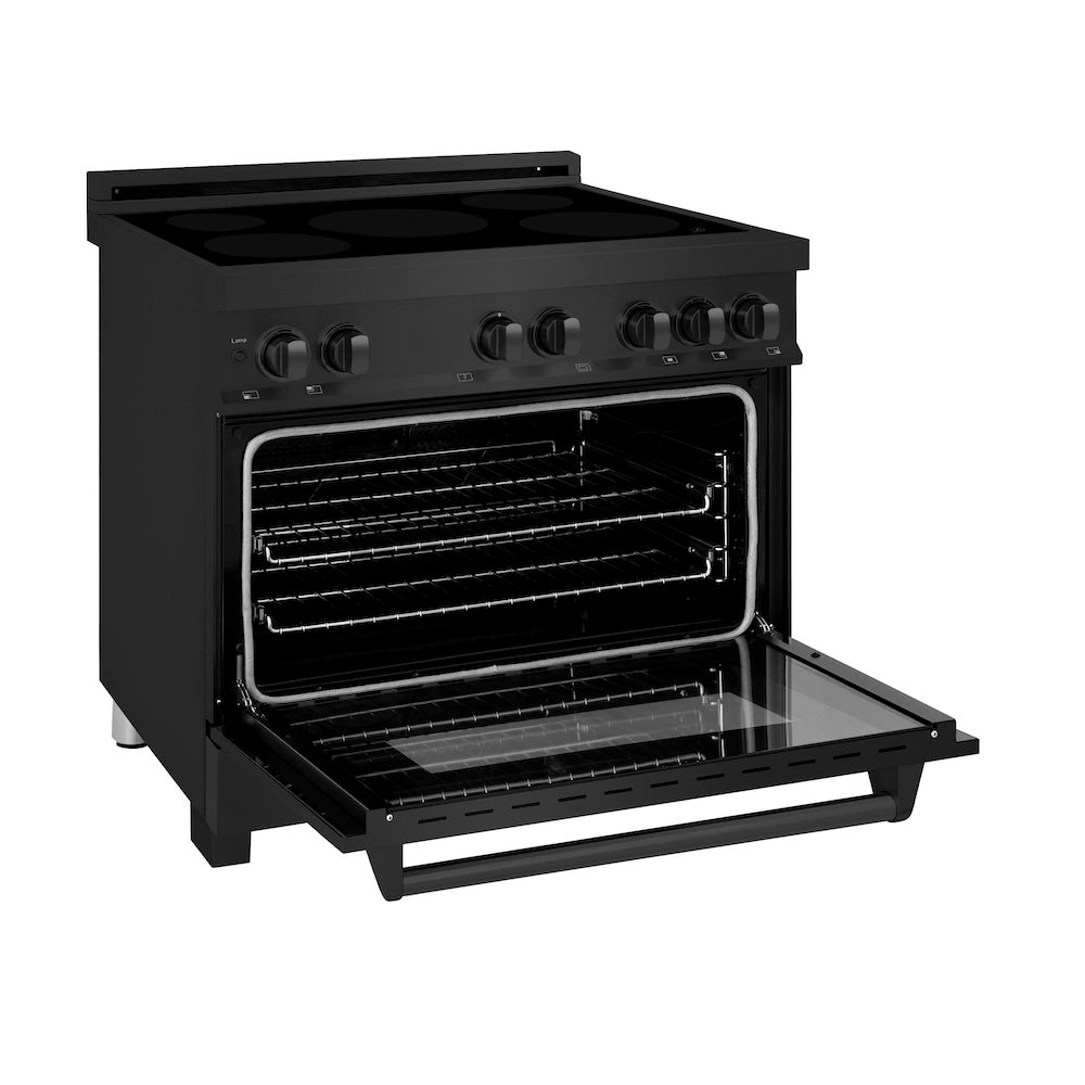 ZLINE 36 in. 4.6 cu. ft. Legacy Induction Range with 5 Element Cooktop and Electric Oven in Black Stainless Steel (RAIND-BS-36) side, oven open.