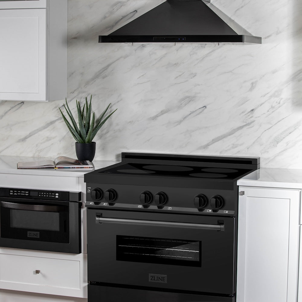 ZLINE 36 in. 4.6 cu. ft. Induction Range with a 5 Element Stove and Electric Oven in Black Stainless Steel (RAIND-BS-36) in a luxury cottage-style kitchen with matching range hood and microwave.