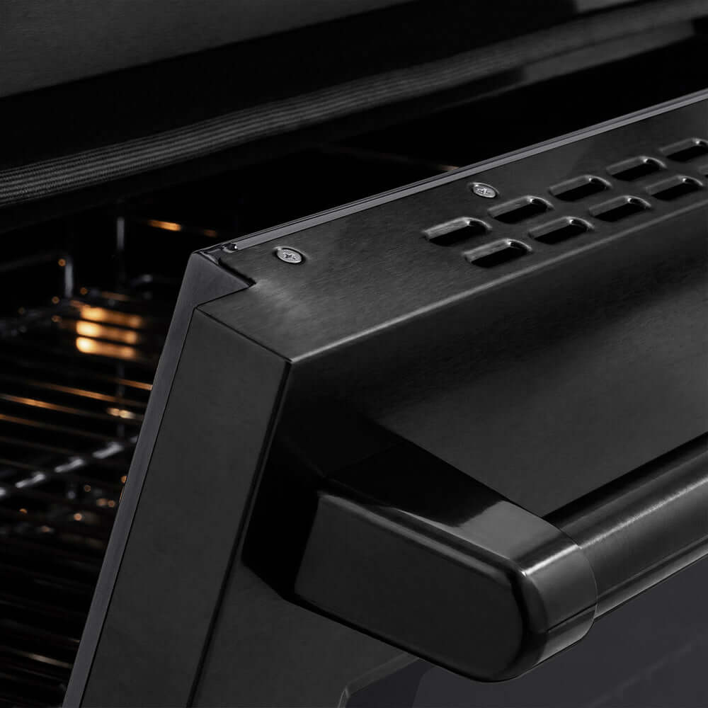 ZLINE 36 in. 5.2 cu. ft. Paramount Induction Range with 5 Element Cooktop and Electric Convection Oven in Black Stainless Steel (SINRB-36) oven door slightly open showing handle detail.