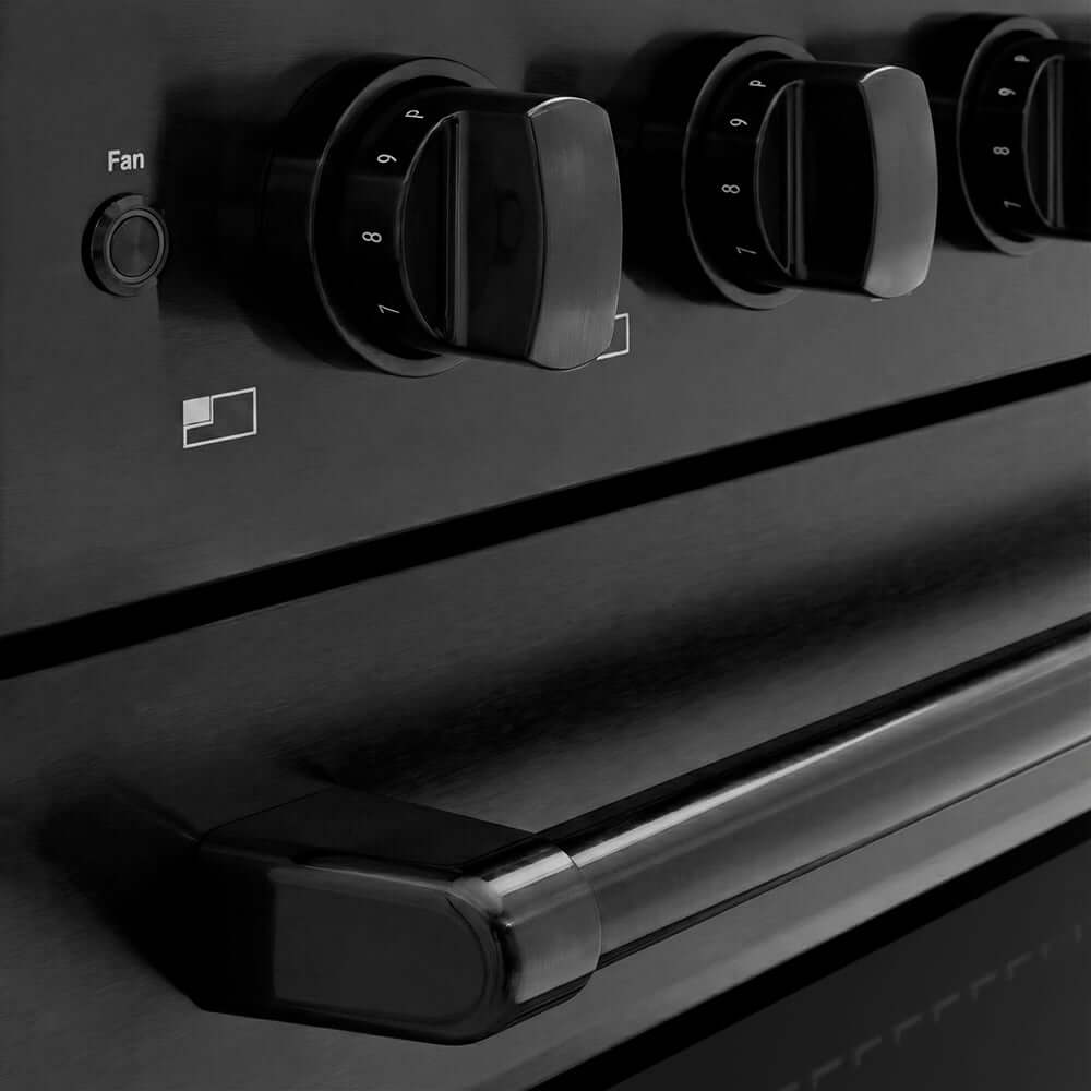 ZLINE 36 in. 5.2 cu. ft. Paramount Induction Range with 5 Element Cooktop and Electric Convection Oven in Black Stainless Steel (SINRB-36) close-up of oven and cooktop knob controls.