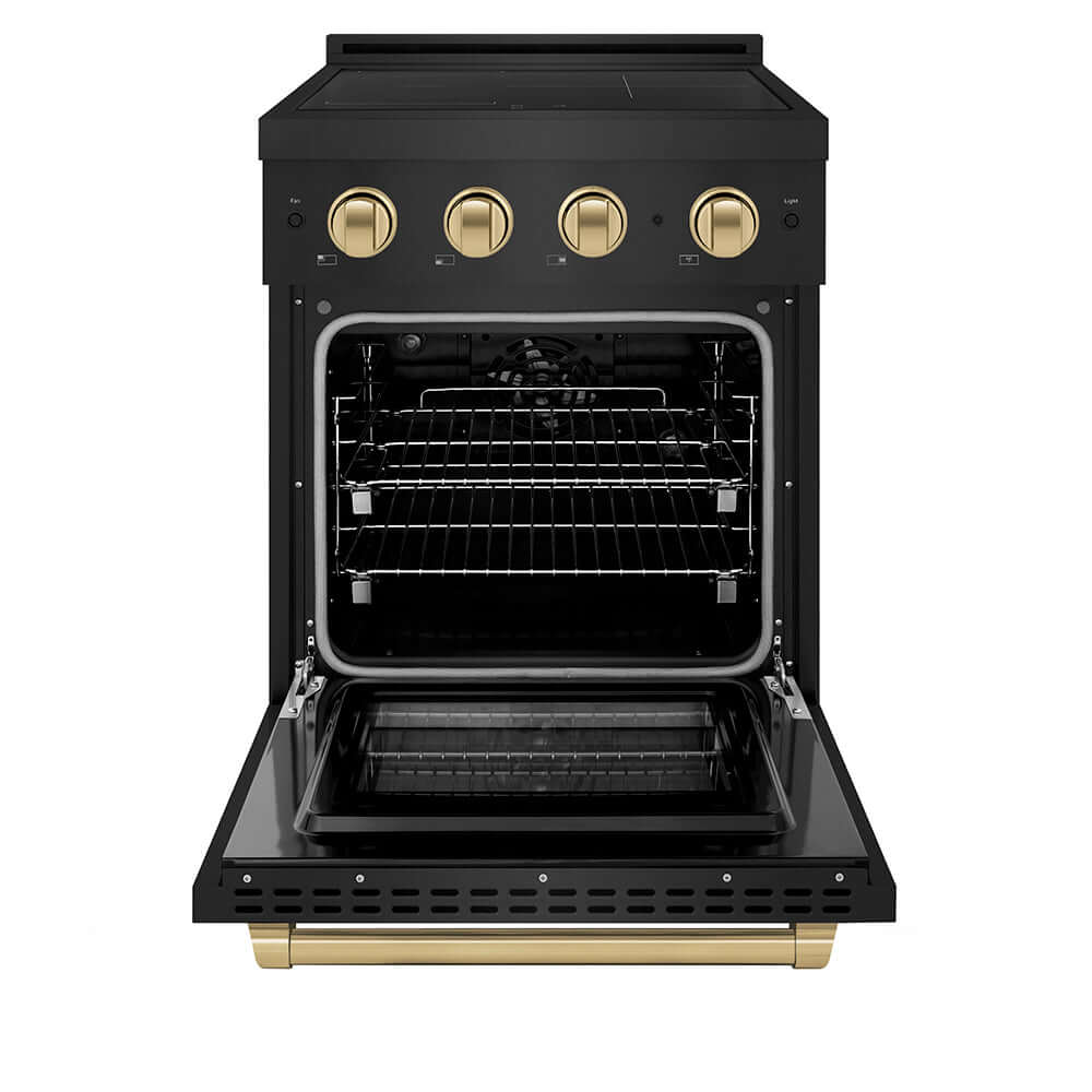 ZLINE Autograph Edition 24 in. 3.2 cu. ft. Paramount Induction Range with 3 Element Cooktop and Electric Convection Oven in Black Stainless Steel with Champagne Bronze Accents (SINRBZ-24-CB) front, oven open.