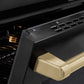 ZLINE Autograph Edition 24 in. 3.2 cu. ft. Paramount Induction Range with 3 Element Cooktop and Electric Convection Oven in Black Stainless Steel with Champagne Bronze Accents (SINRBZ-24-CB) oven door slightly open showing handle detail.