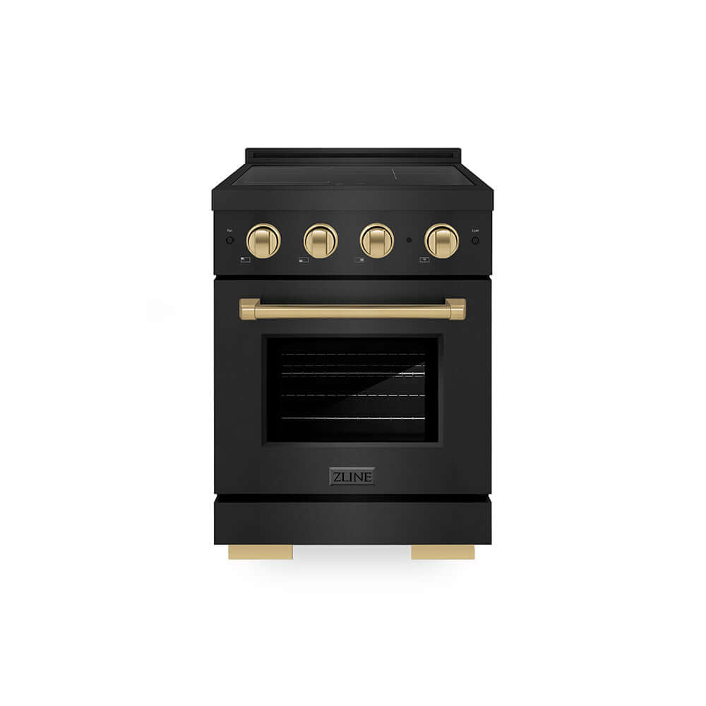 ZLINE Autograph Edition 24 in. 3.2 cu. ft. Paramount Induction Range with 3 Element Cooktop and Electric Convection Oven in Black Stainless Steel with Champagne Bronze Accents (SINRBZ-24-CB) main image.