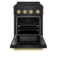 ZLINE Autograph Edition 24 in. 3.2 cu. ft. Paramount Induction Range with 3 Element Cooktop and Electric Convection Oven in Black Stainless Steel with Polished Gold Accents (SINRBZ-24-G) front, oven open.
