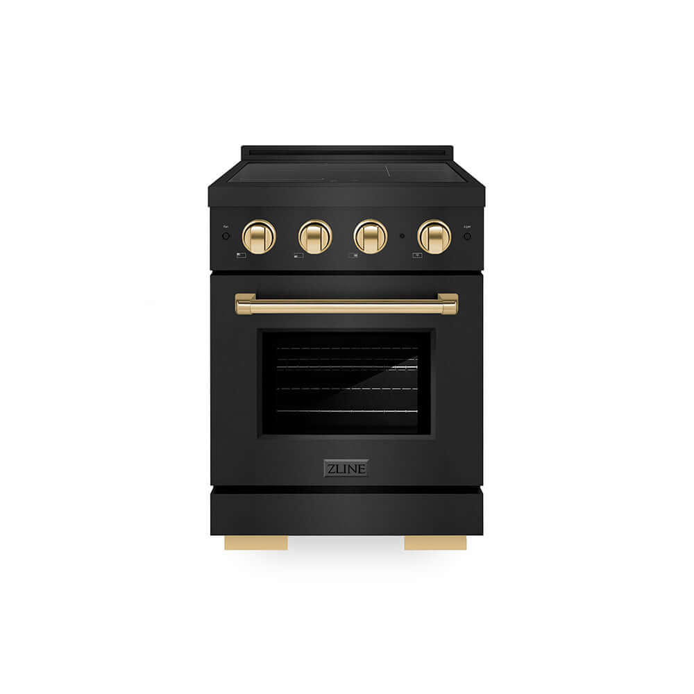 ZLINE Autograph Edition 24 in. 3.2 cu. ft. Paramount Induction Range with 3 Element Cooktop and Electric Convection Oven in Black Stainless Steel with Polished Gold Accents (SINRBZ-24-G) main image.