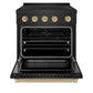 ZLINE Autograph Edition 30 in. 4.2 cu. ft. Paramount Induction Range with 4 Element Cooktop and Electric Convection Oven in Black Stainless Steel with Champagne Bronze Accents (SINRBZ-30-CB) front, oven open.