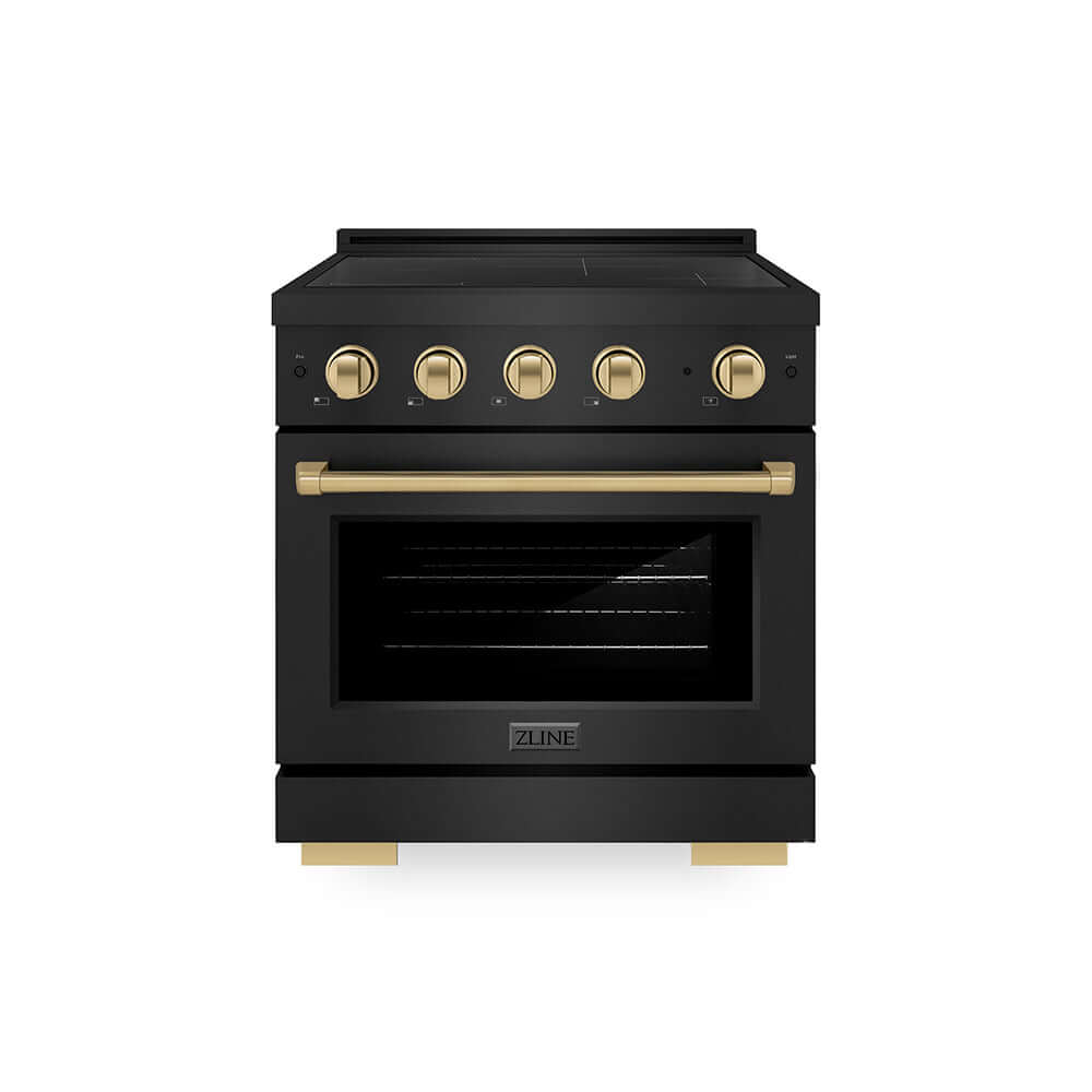 ZLINE Autograph Edition 30 in. 4.2 cu. ft. Paramount Induction Range with 4 Element Cooktop and Electric Convection Oven in Black Stainless Steel with Champagne Bronze Accents (SINRBZ-30-CB) main image.