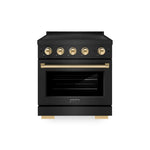 ZLINE Autograph Edition 30 in. 4.2 cu. ft. Paramount Induction Range with 4 Element Cooktop and Electric Convection Oven in Black Stainless Steel with Polished Gold Accents (SINRBZ-30-G) main image.