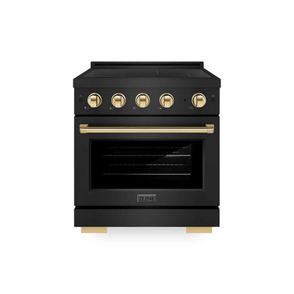 ZLINE Autograph Edition 30 in. 4.2 cu. ft. Paramount Induction Range with 4 Element Cooktop and Electric Convection Oven in Black Stainless Steel with Polished Gold Accents (SINRBZ-30-G) main image.