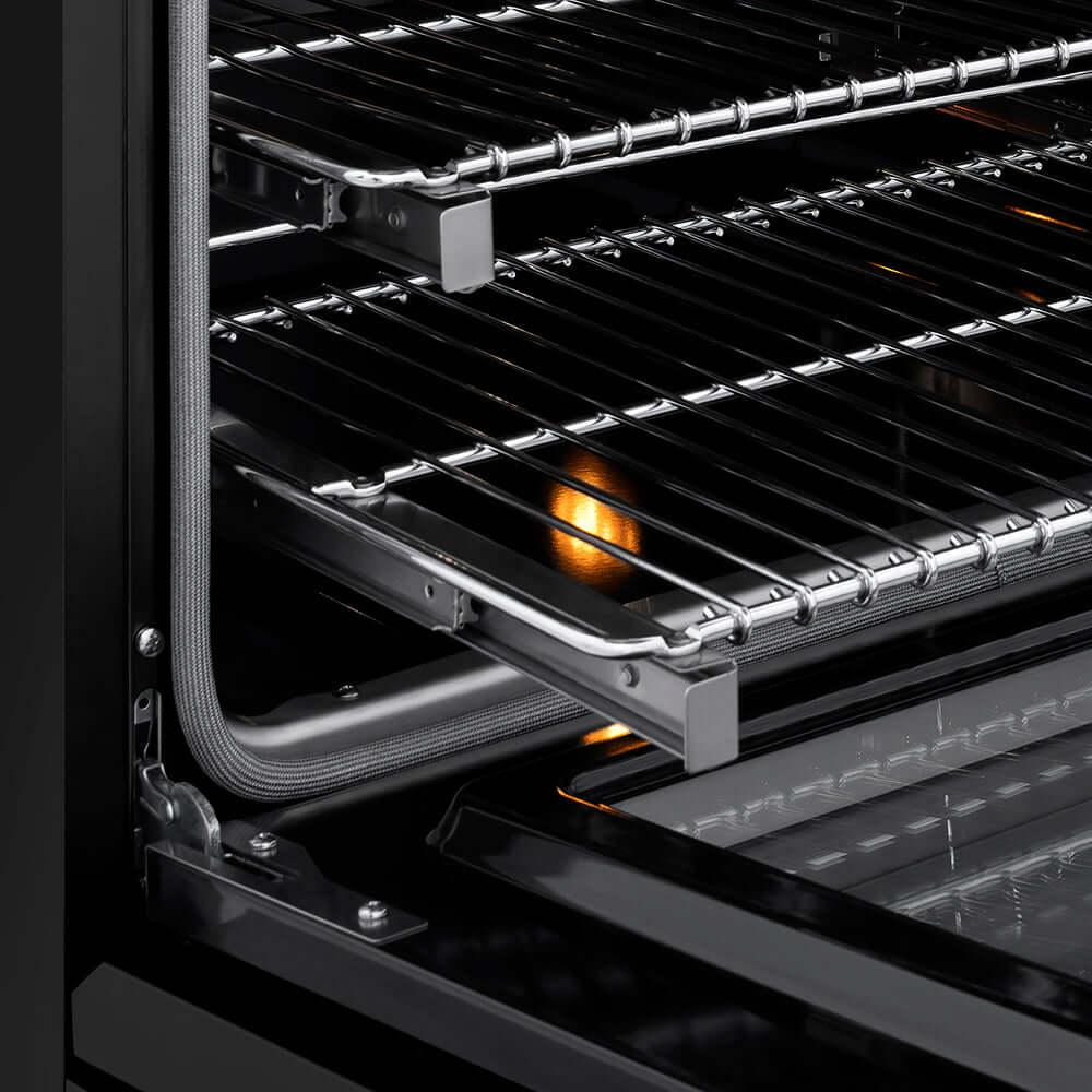 ZLINE Autograph Edition 30 in. 4.2 cu. ft. Paramount Induction Range with 4 Element Cooktop and Electric Convection Oven in Black Stainless Steel with Polished Gold Accents (SINRBZ-30-G) close-up, open oven with racks extended, showing interior components.