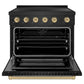 ZLINE Autograph Edition 36 in. 5.2 cu. ft. Paramount Induction Range with 5 Element Cooktop and Electric Convection Oven in Black Stainless Steel with Champagne Bronze Accents (SINRBZ-36-CB) front, oven open.