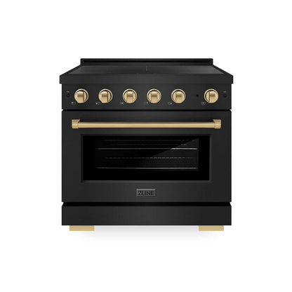 ZLINE Autograph Edition 36 in. 5.2 cu. ft. Paramount Induction Range with 5 Element Cooktop and Electric Convection Oven in Black Stainless Steel with Champagne Bronze Accents (SINRBZ-36-CB) main image.